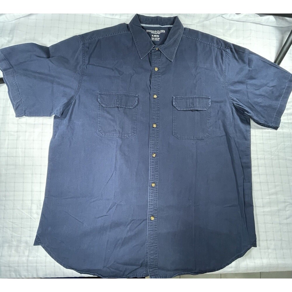 Faded Glory Men's XL Short Sleeve Button Down Shirt Dark Navy Blue 100% Cotton